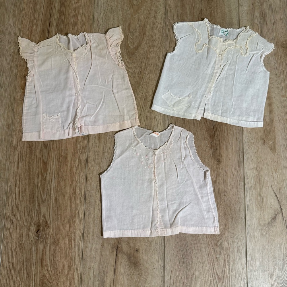 Set of Three Vintage late 1950’s White,pink Baby Tops hande made Philippines